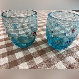 Hand Blown Millefiori Murano Bubble Glass Light Blue Set of 2